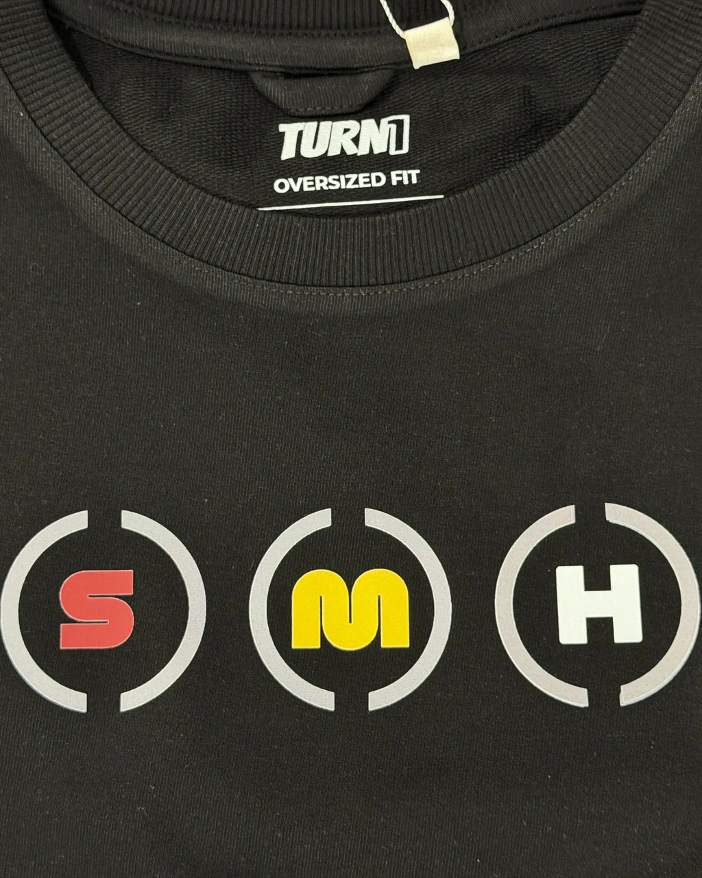 Close-up Image of Fabric and Print - Box Box Pit Stop Formula 1 F1 Oversized Unisex T-shirt Black Showing Ferrari Pitstop with Charles Leclerc and F1 Tyre Compounds | Turn1 India