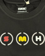 Close-up Image of Fabric and Print - Box Box Pit Stop Formula 1 F1 Oversized Unisex T-shirt Black Showing Ferrari Pitstop with Charles Leclerc and F1 Tyre Compounds | Turn1 India