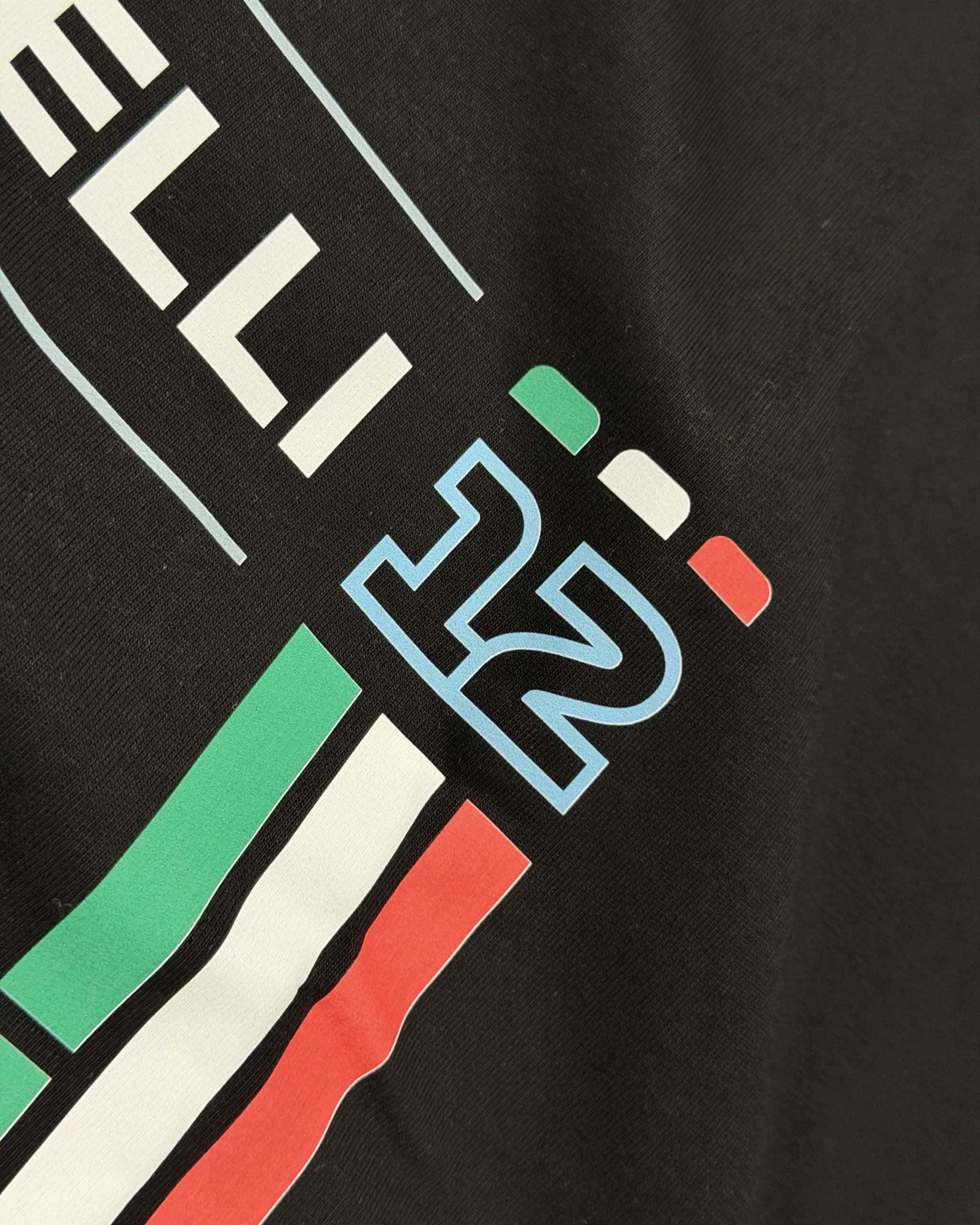 Close-up of Fabric and Print | Kimi Antonelli Signature F1 Unisex Regular Fit T-shirt Black Front View | Turn1 India