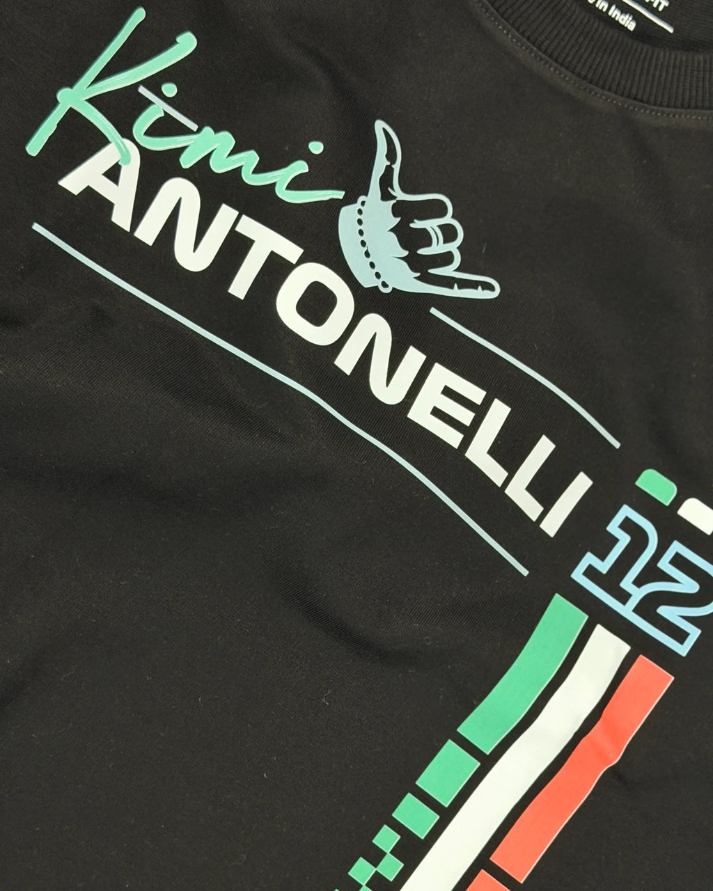 Close-up of Fabric and Print | Kimi Antonelli Signature F1 Unisex Regular Fit T-shirt Black Front View | Turn1 India