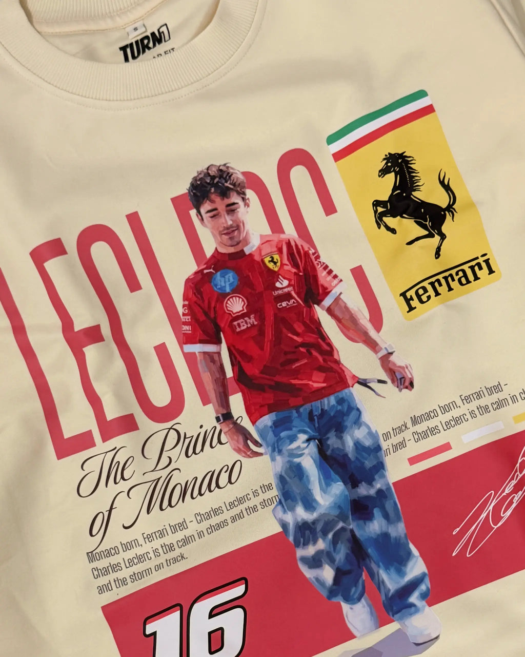 Close-up Image of Fabric and Print  Formula 1 Charles Leclerc Scuderia Ferrari Unisex F1 Sweatshirt - Formula 1 Hoodie - Cream Colour - Front View - Turn1 India