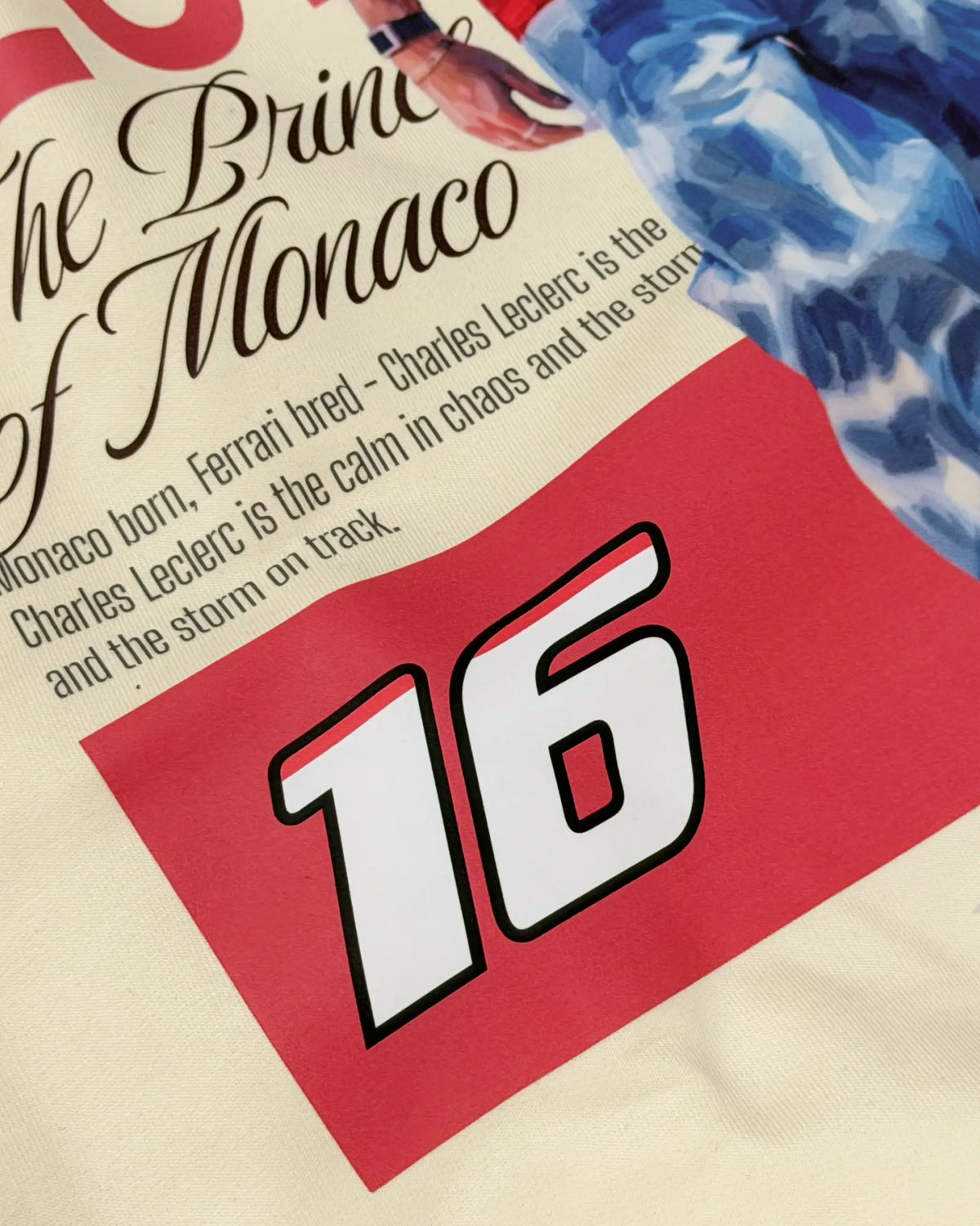Close-up Image of Fabric and Print  Formula 1 Charles Leclerc Scuderia Ferrari Unisex F1 Sweatshirt - Formula 1 Hoodie - Cream Colour - Front View - Turn1 India