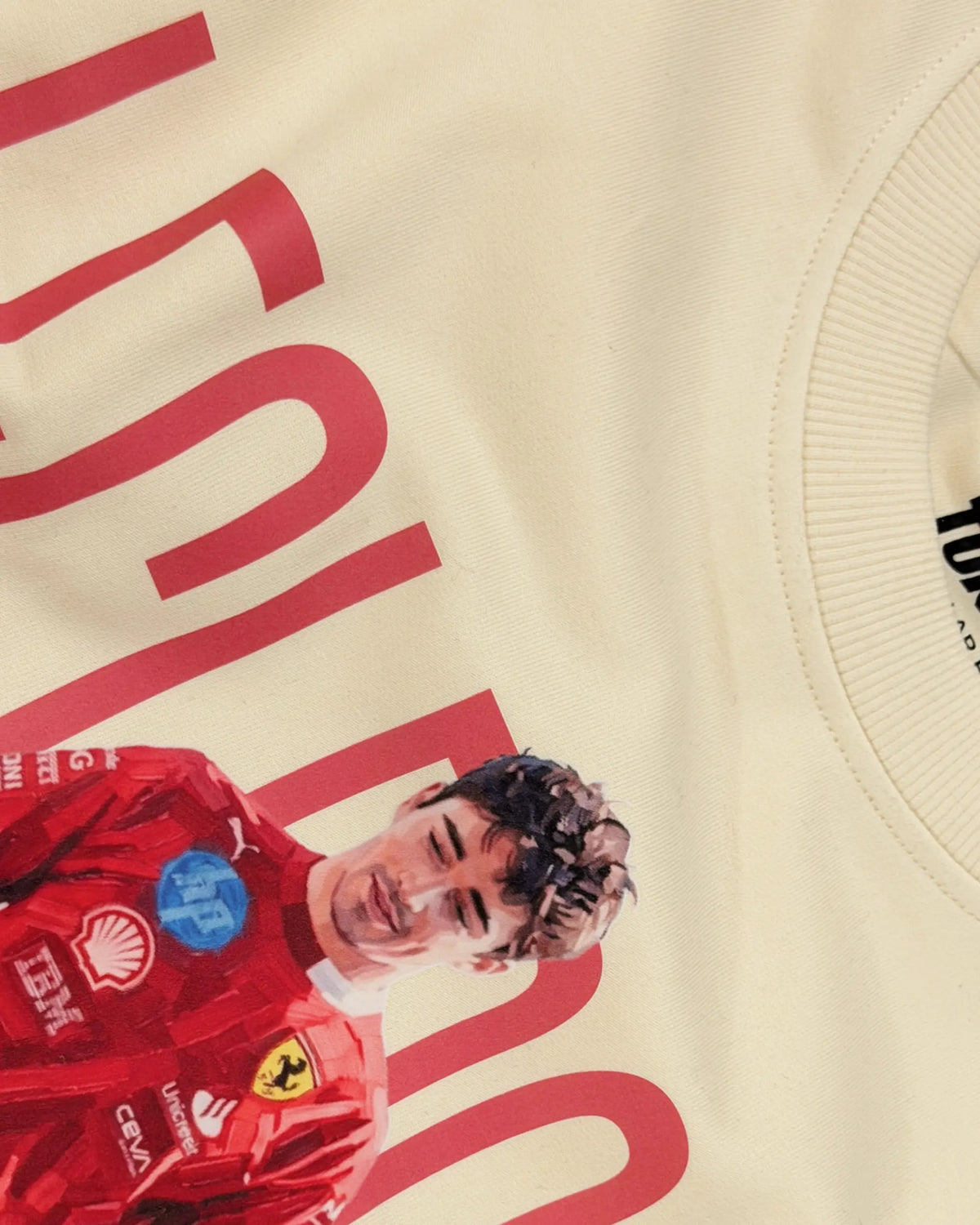 Close-up Image of Fabric and Print  Formula 1 Charles Leclerc Scuderia Ferrari Unisex F1 Sweatshirt - Formula 1 Hoodie - Cream Colour - Front View - Turn1 India