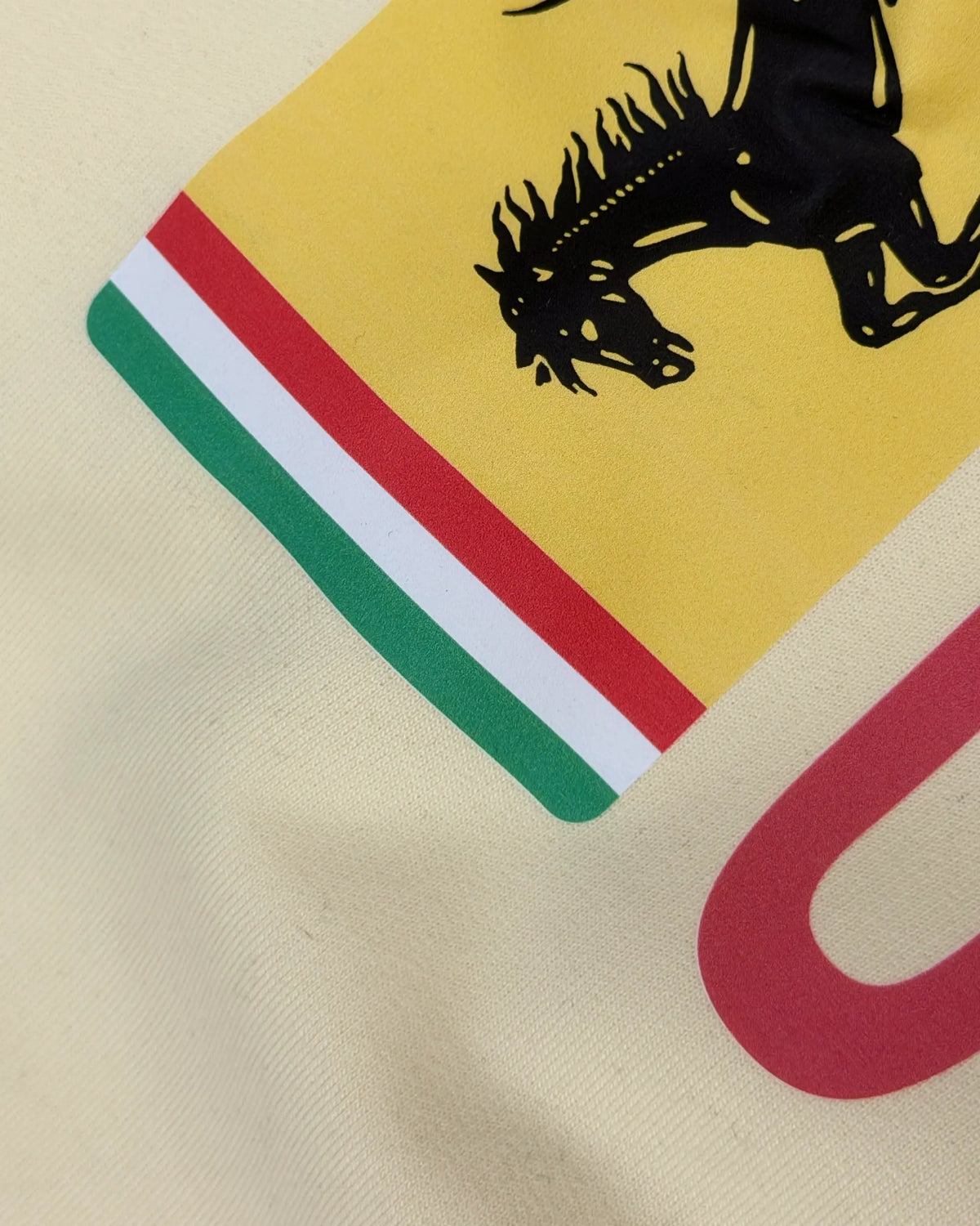 Close-up Image of Fabric and Print  Formula 1 Charles Leclerc Scuderia Ferrari Unisex F1 Sweatshirt - Formula 1 Hoodie - Cream Colour - Front View - Turn1 India