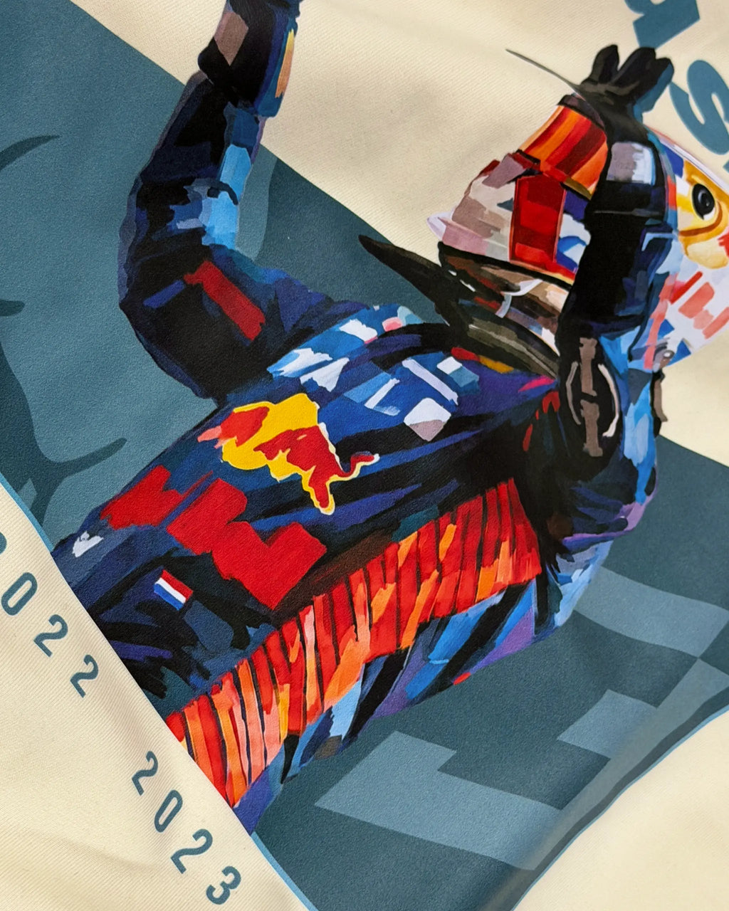 Close-up Image of Fabric and Print  Max Verstappen Formula 1 Hoodie Unisex 320 GSM Fleece F1 Sweatshirt Cream Colour Front View - Turn1 India