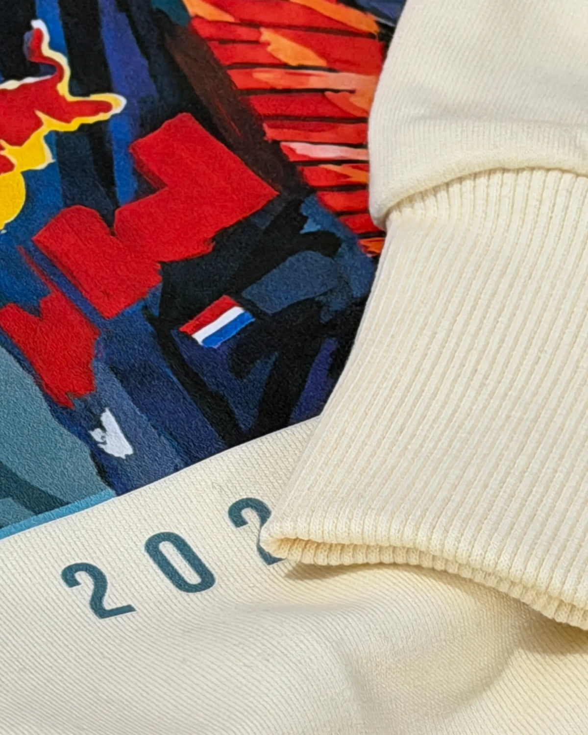 Close-up Image of Fabric and Print  Max Verstappen Formula 1 Hoodie Unisex 320 GSM Fleece F1 Sweatshirt Cream Colour Front View - Turn1 India