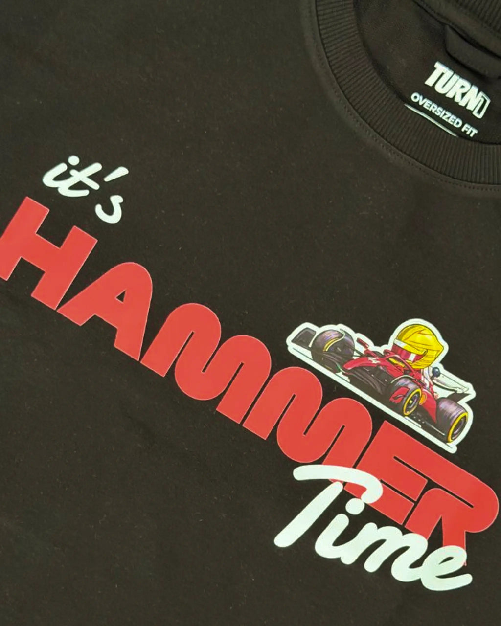 Close-up image of fabric and print - Lewis Hamilton It's Hammertime F1 Unisex Oversized T-shirt Black | Turn1 India