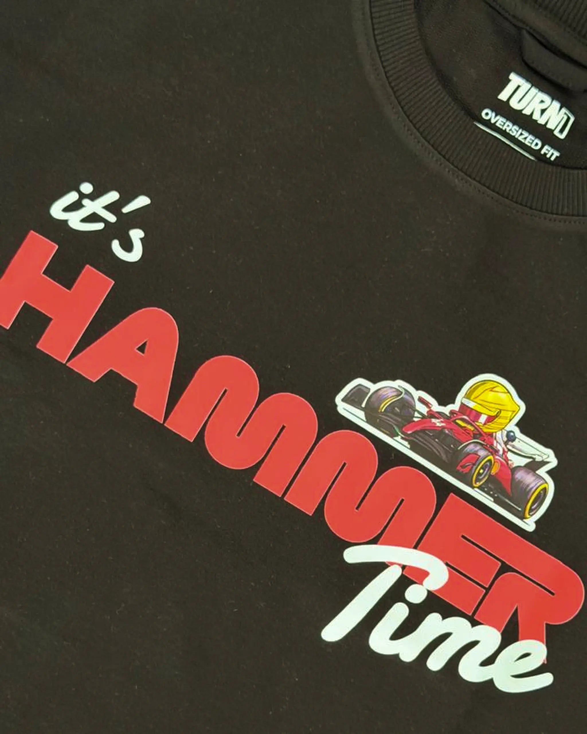 Close-up image of fabric and print - Lewis Hamilton It's Hammertime F1 Unisex Oversized T-shirt Black | Turn1 India