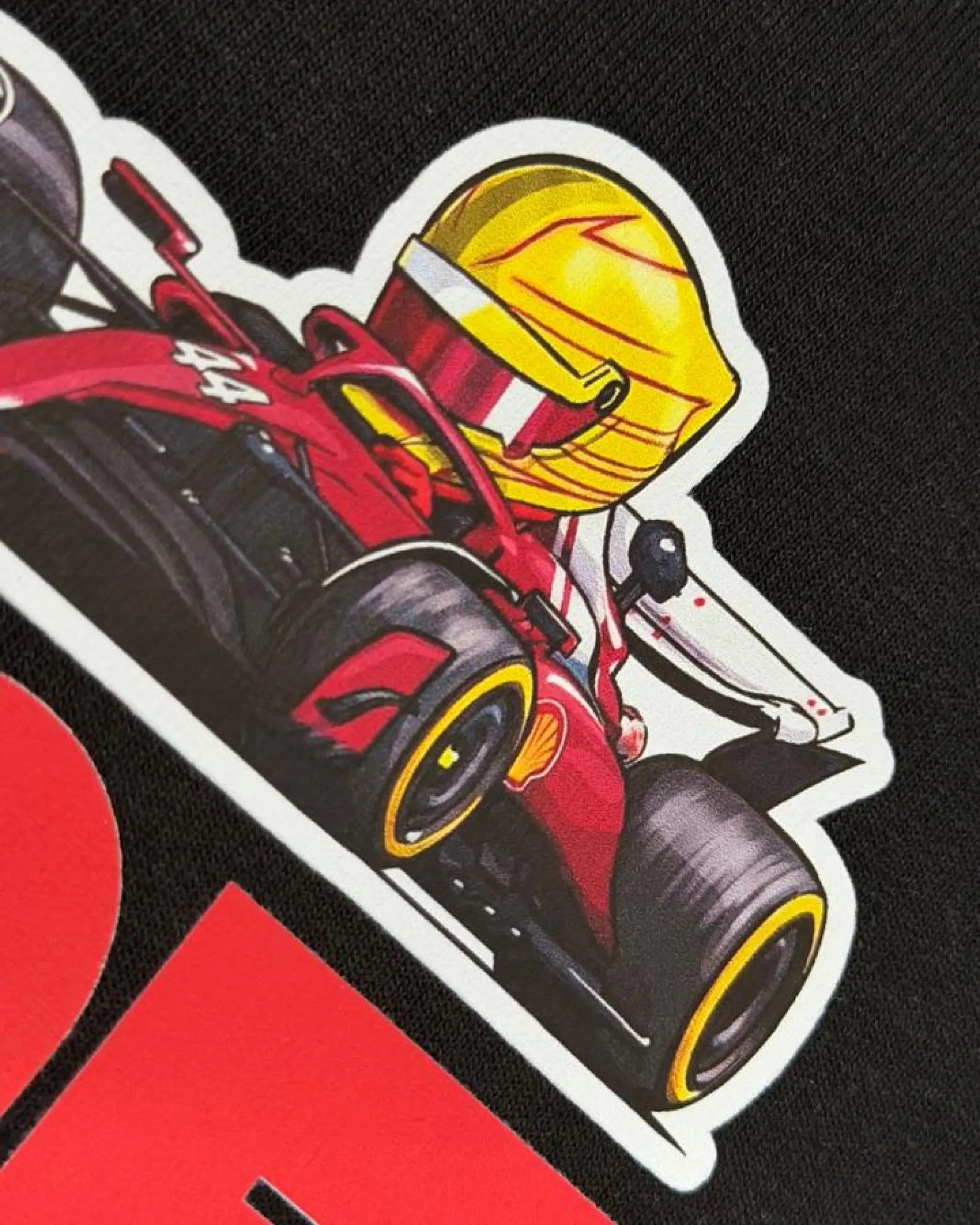 Close-up image of fabric and print - Lewis Hamilton It's Hammertime F1 Unisex Oversized T-shirt Black | Turn1 India