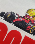 Close-up image of fabric and print - Lewis Hamilton It's Hammertime F1 Unisex Oversized T-shirt Off-White | Turn1 India