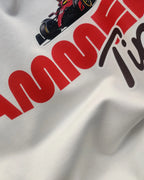 Close-up image of fabric and print - Lewis Hamilton It's Hammertime F1 Unisex Oversized T-shirt Off-White | Turn1 India