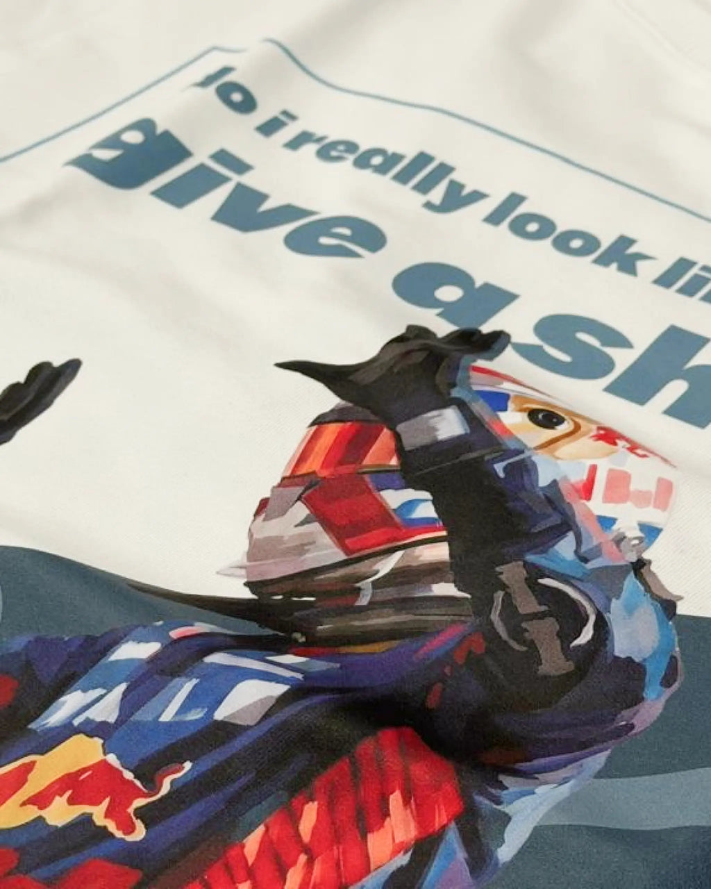 Close-up Image of Fabric and Print - Max Verstappen Attitude Don't Give a Sh*t F1 Unisex Oversized T-shirt Off-White Front View | Turn1 India