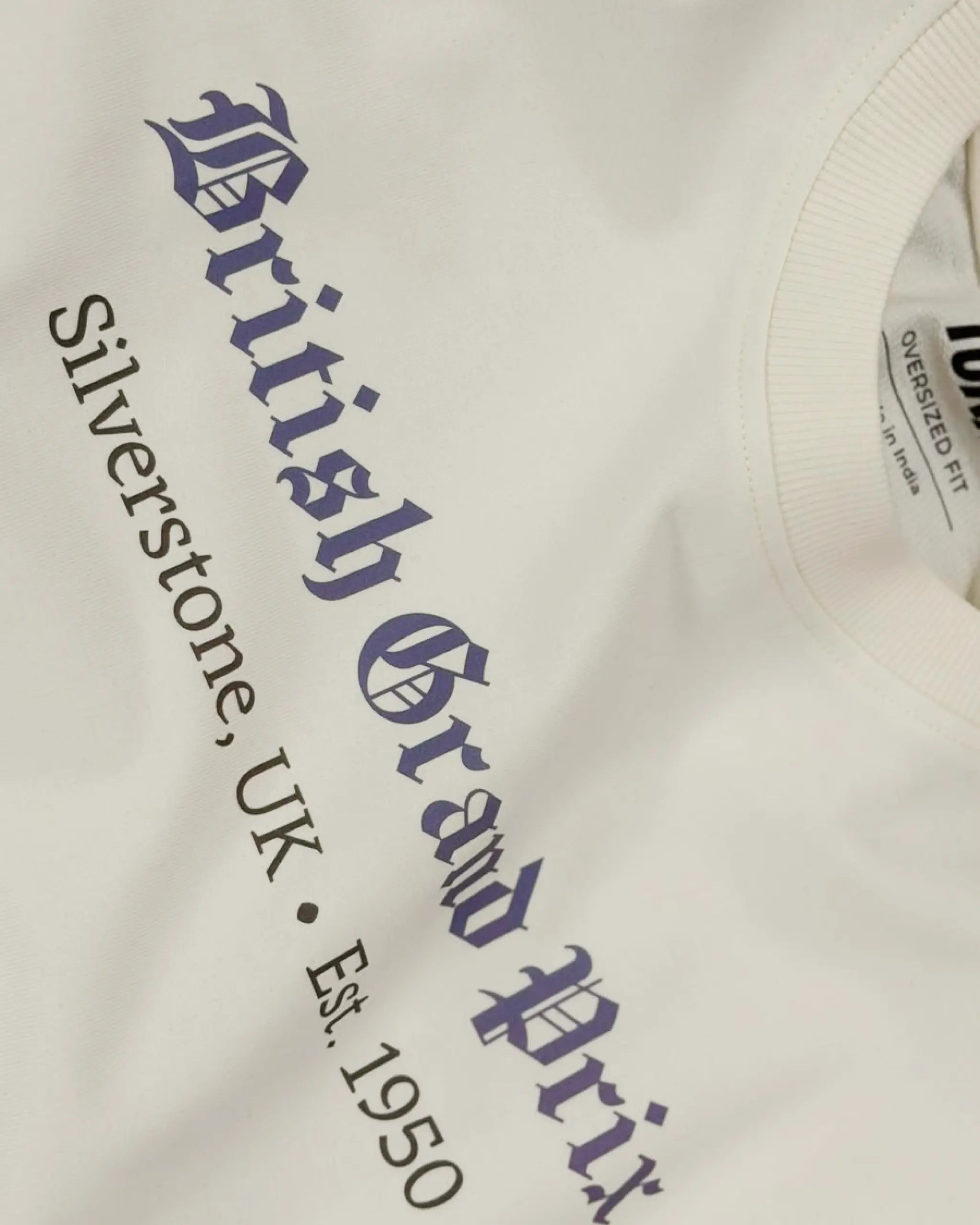 Close-up of Fabric and Print - British Grand Prix Circuit Silverstone F1 Unisex Oversized T-shirt Off-White | Turn1 India
