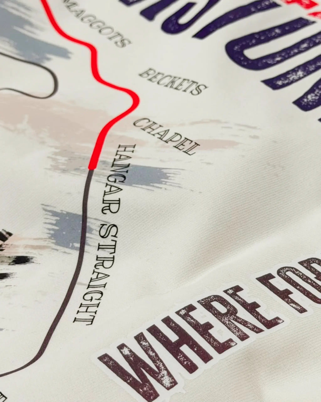 Close-up of Fabric and Print - British Grand Prix Circuit Silverstone F1 Unisex Oversized T-shirt Off-White | Turn1 India