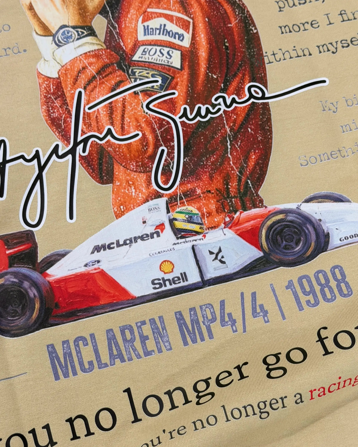 Close-up of Fabric and Print - Ayrton Senna McLaren Legacy F1 Unisex Oversized T-shirt Beige | Turn1 India