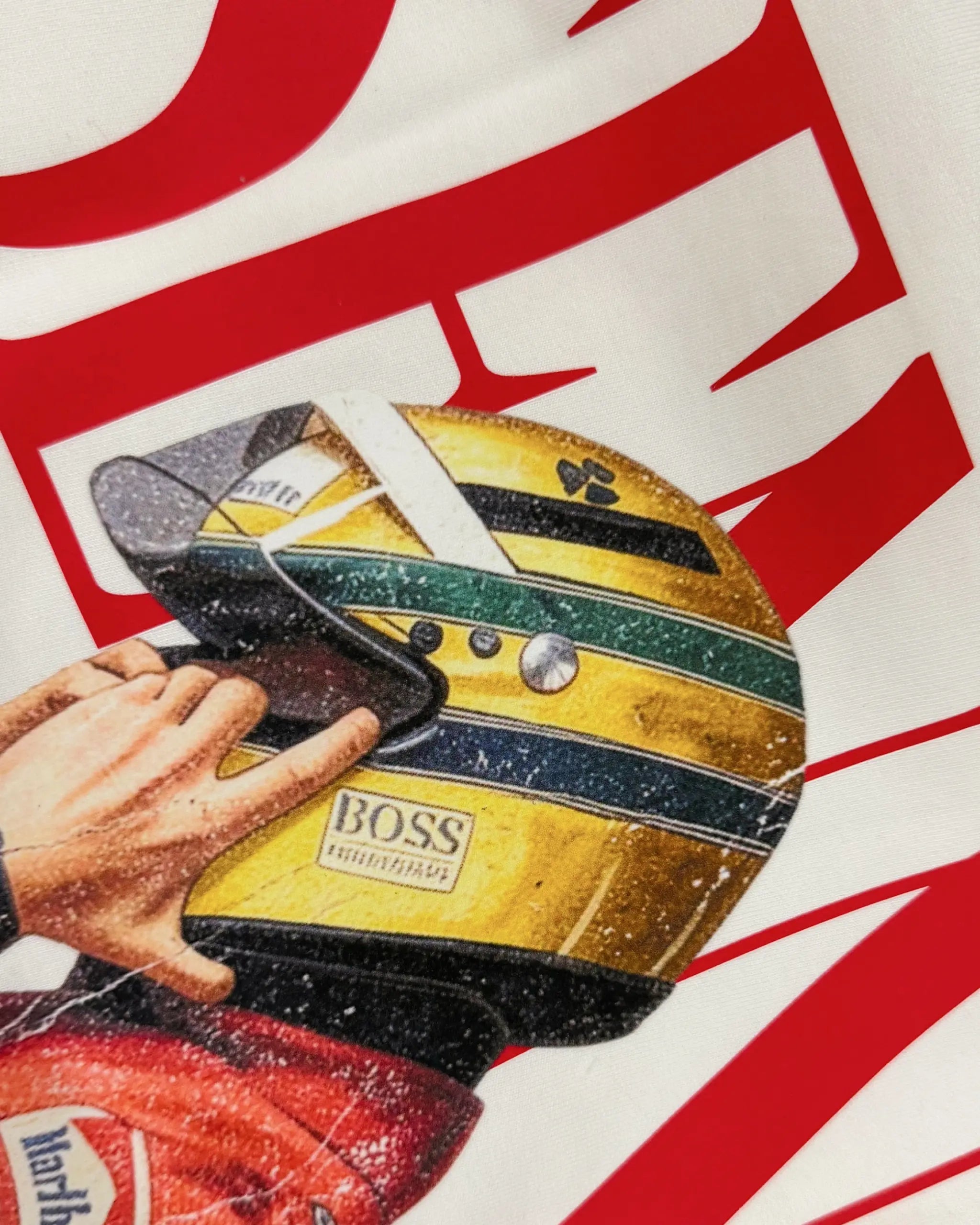 Close-up of Fabric and Print - Ayrton Senna McLaren Legacy F1 Unisex Oversized T-shirt Off-White Front View | Turn1 India