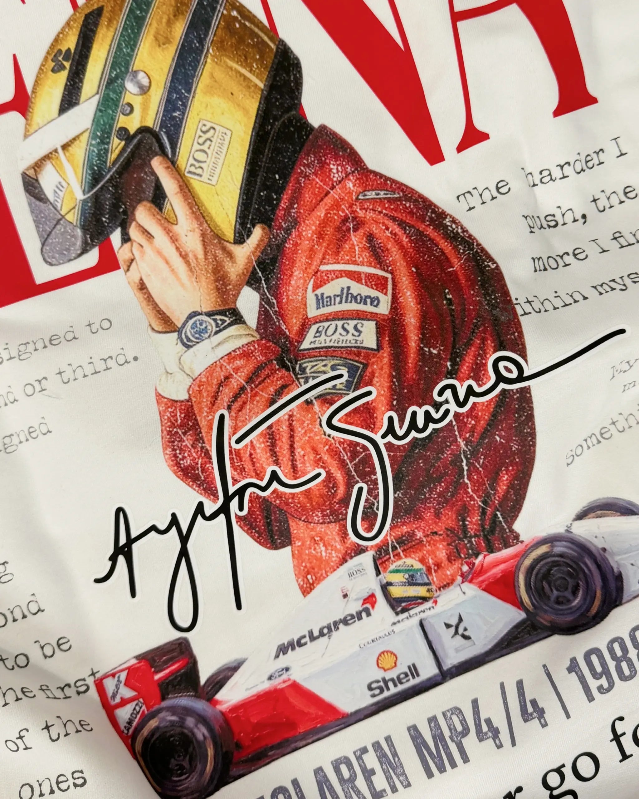 Close-up of Fabric and Print - Ayrton Senna McLaren Legacy F1 Unisex Oversized T-shirt Off-White Front View | Turn1 India