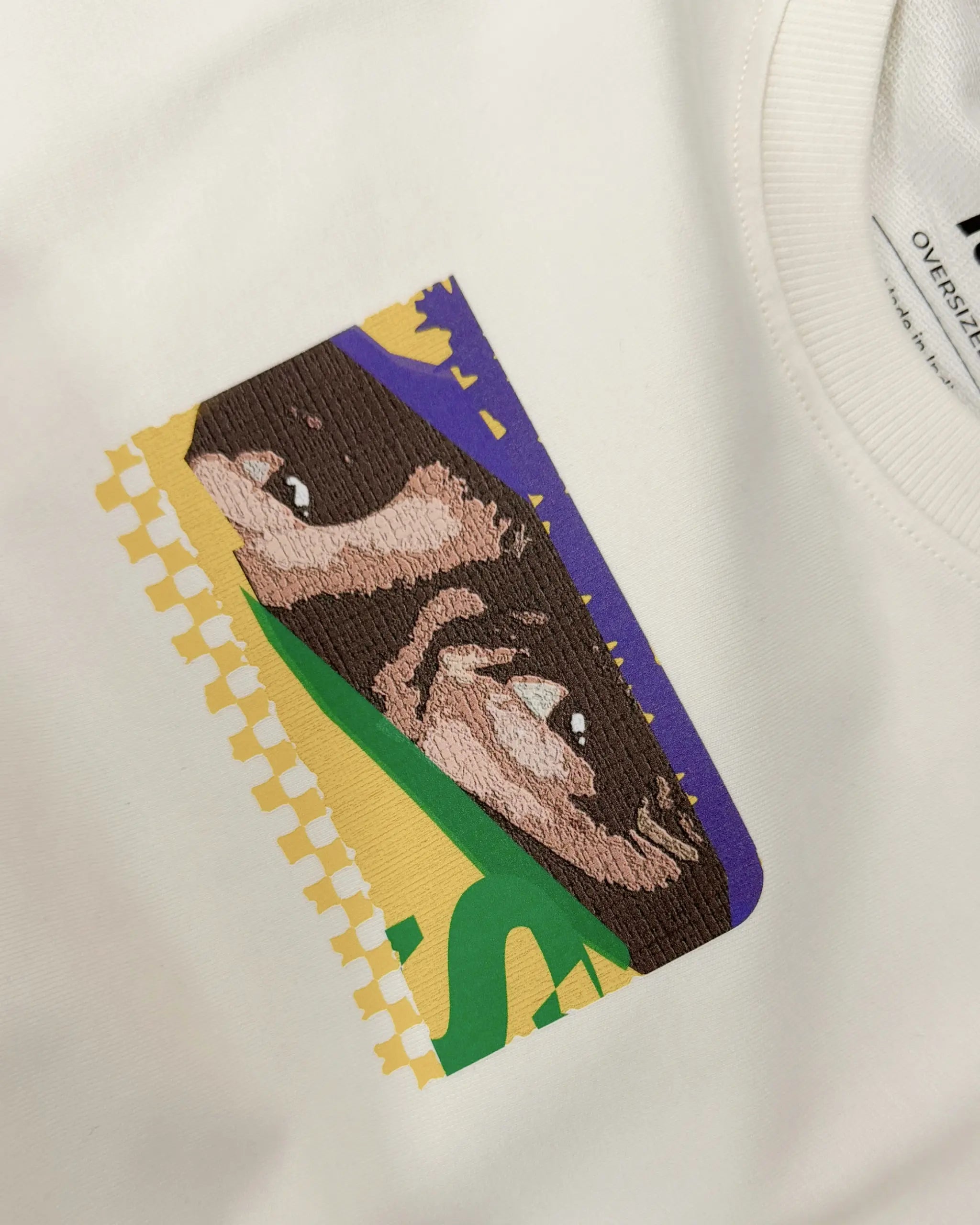 Close-up of Fabric and Print - Ayrton Senna McLaren Legacy F1 Unisex Oversized T-shirt Off-White Front View | Turn1 India
