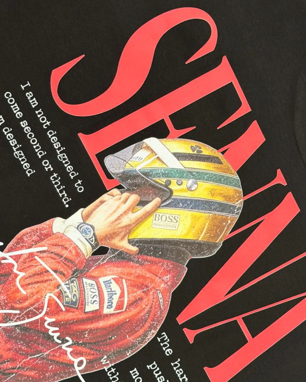 Close-up of Fabric and Print - Ayrton Senna McLaren Legacy F1 Unisex Oversized T-shirt Black Back View | Turn1 India
