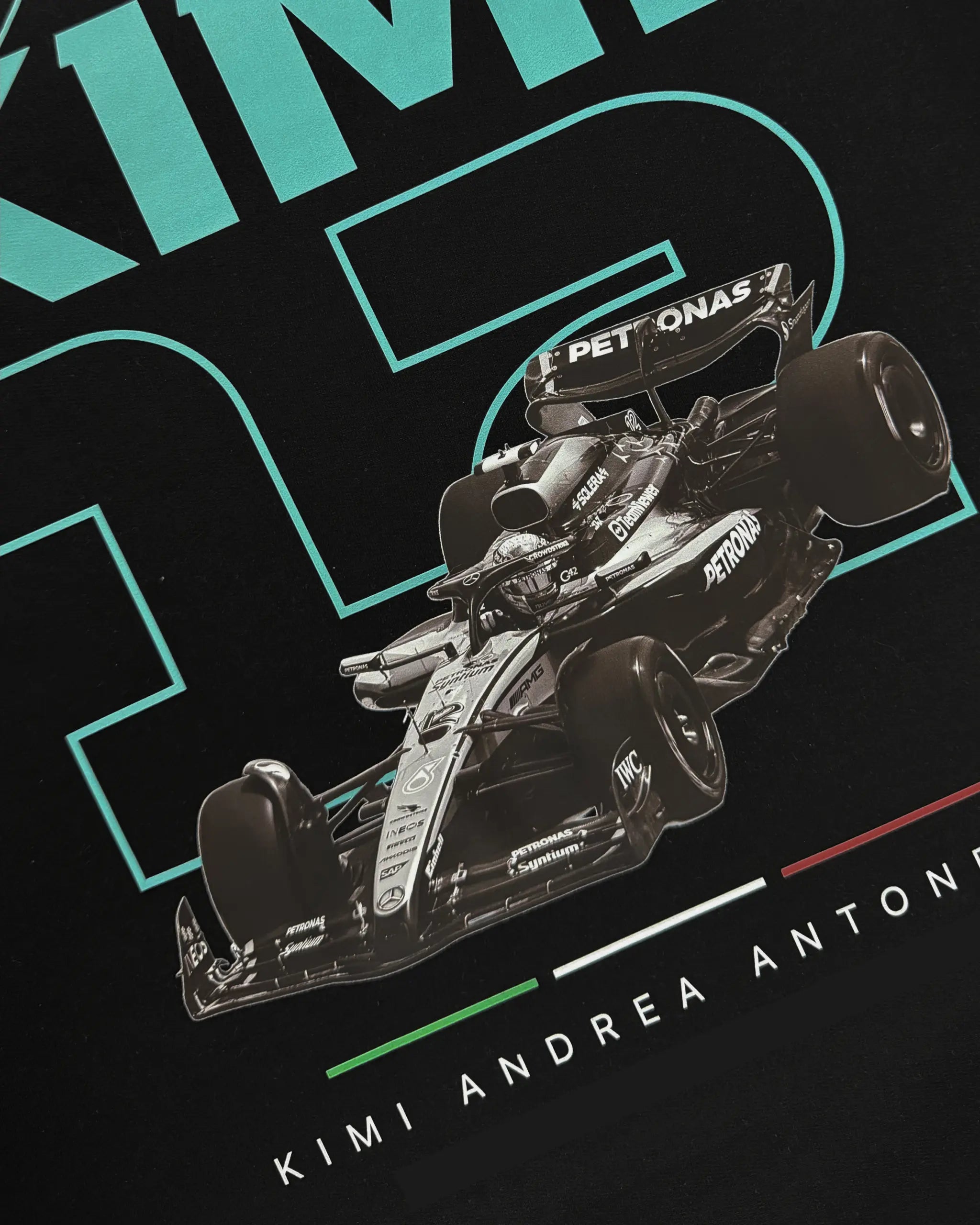 Close-up of Fabric and Print - Kimi Antonelli F1 Unisex Oversized T-shirt Black | Turn1 India