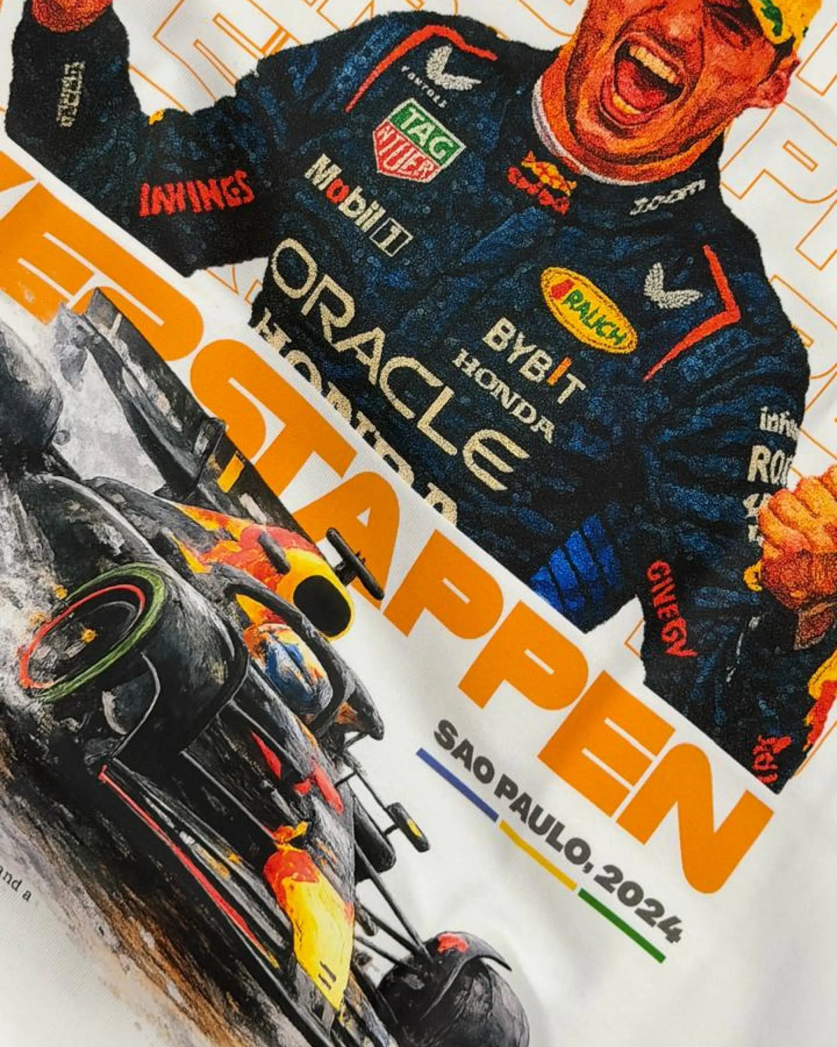 Close-up of Fabric and Print | Max Verstappen Redbull Formula 1 World Champion Unisex Oversized F1 T-shirt Off-White | Formula 1 Tshirt | Turn1 India