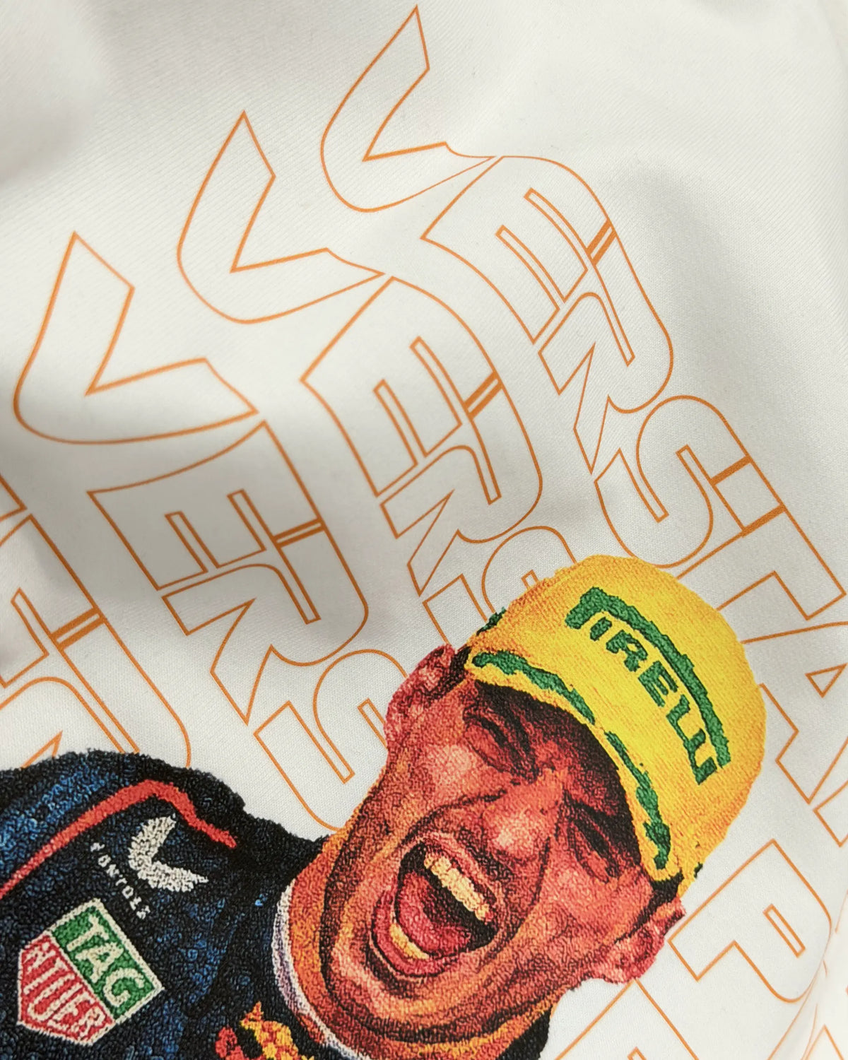 Close-up of Fabric and Print | Max Verstappen Redbull Formula 1 World Champion Unisex Oversized F1 T-shirt Off-White | Formula 1 Tshirt | Turn1 India