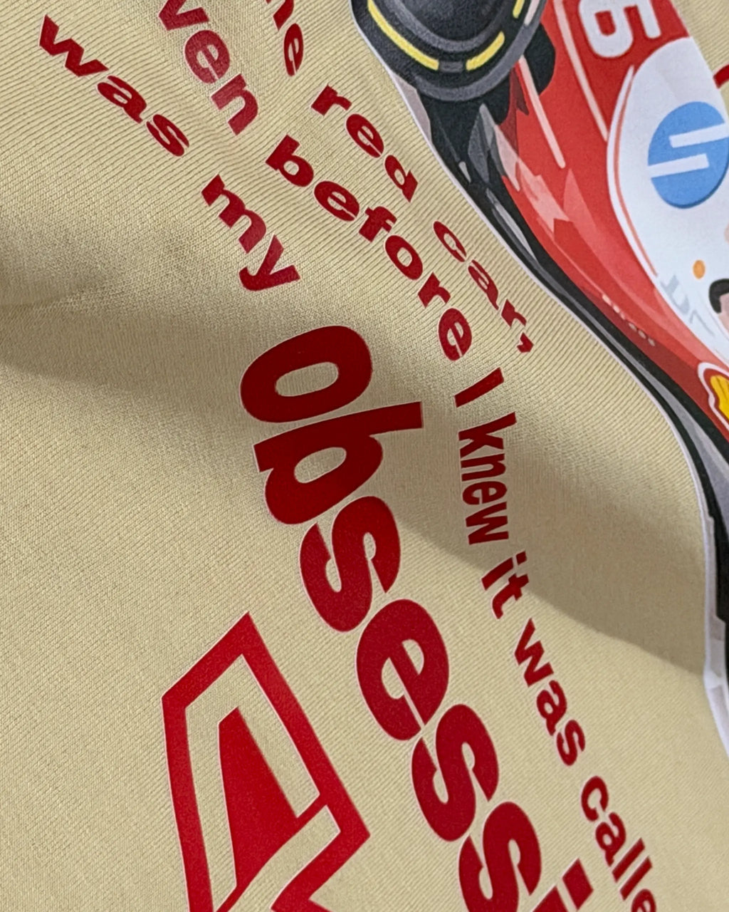 Close-up of Fabric and Print - Charles Leclerc Ferrari F1 Unisex Oversized T-shirt Beige | Turn1 India