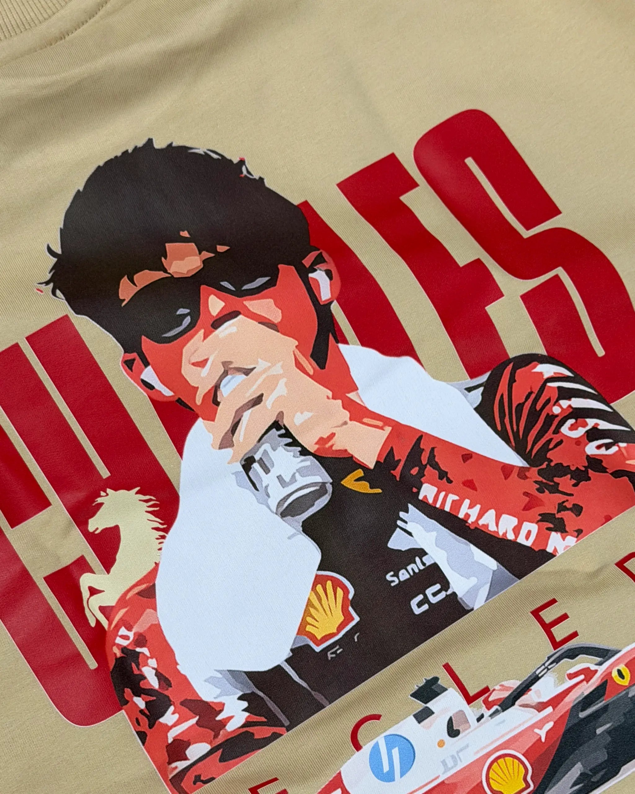 Close-up of Fabric and Print - Charles Leclerc Ferrari F1 Unisex Oversized T-shirt Beige | Turn1 India