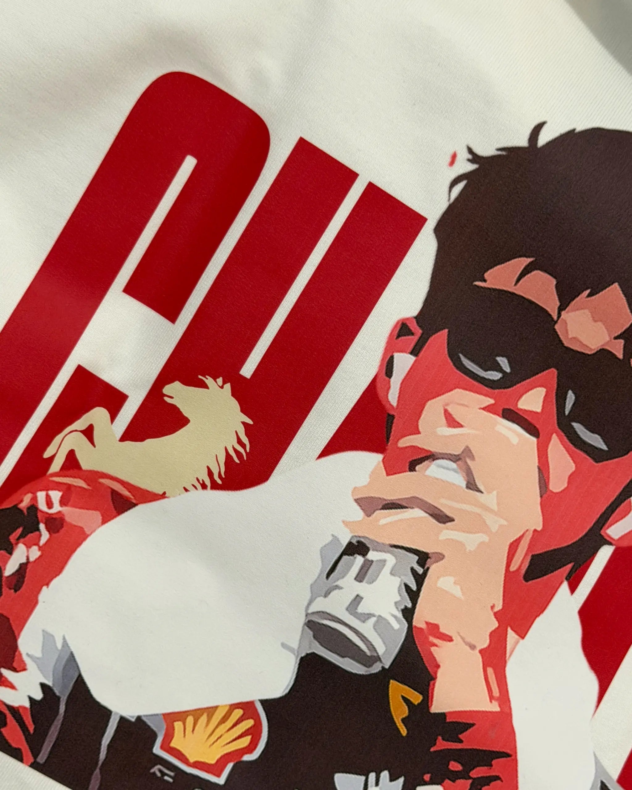 Close-up of Fabric and Print - Charles Leclerc Ferrari F1 Unisex Oversized T-shirt Off-White | Turn1 India