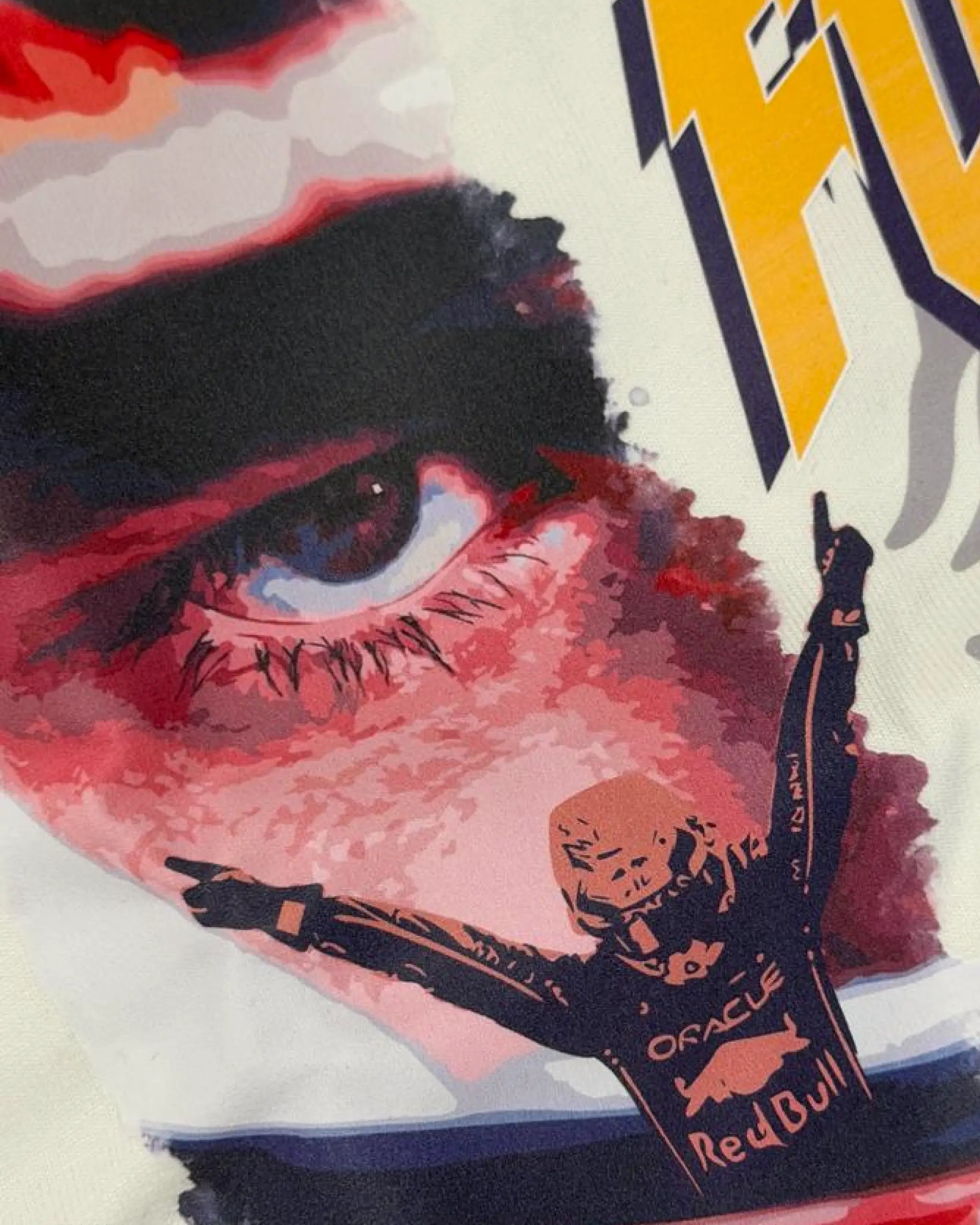 Close-up of Image and Print - Max Verstappen No Risk Full Push F1 Unisex Oversized T-shirt Off-White Front View | Turn1 India
