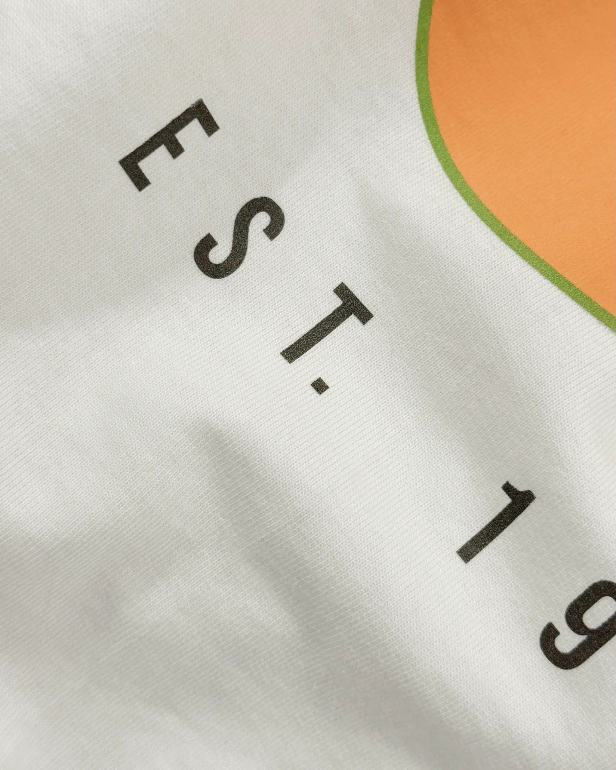 Closeup image of fabric and print Papaya Club McLaren F1 Unisex Oversized T-shirt Off-White Front View | Turn1 India