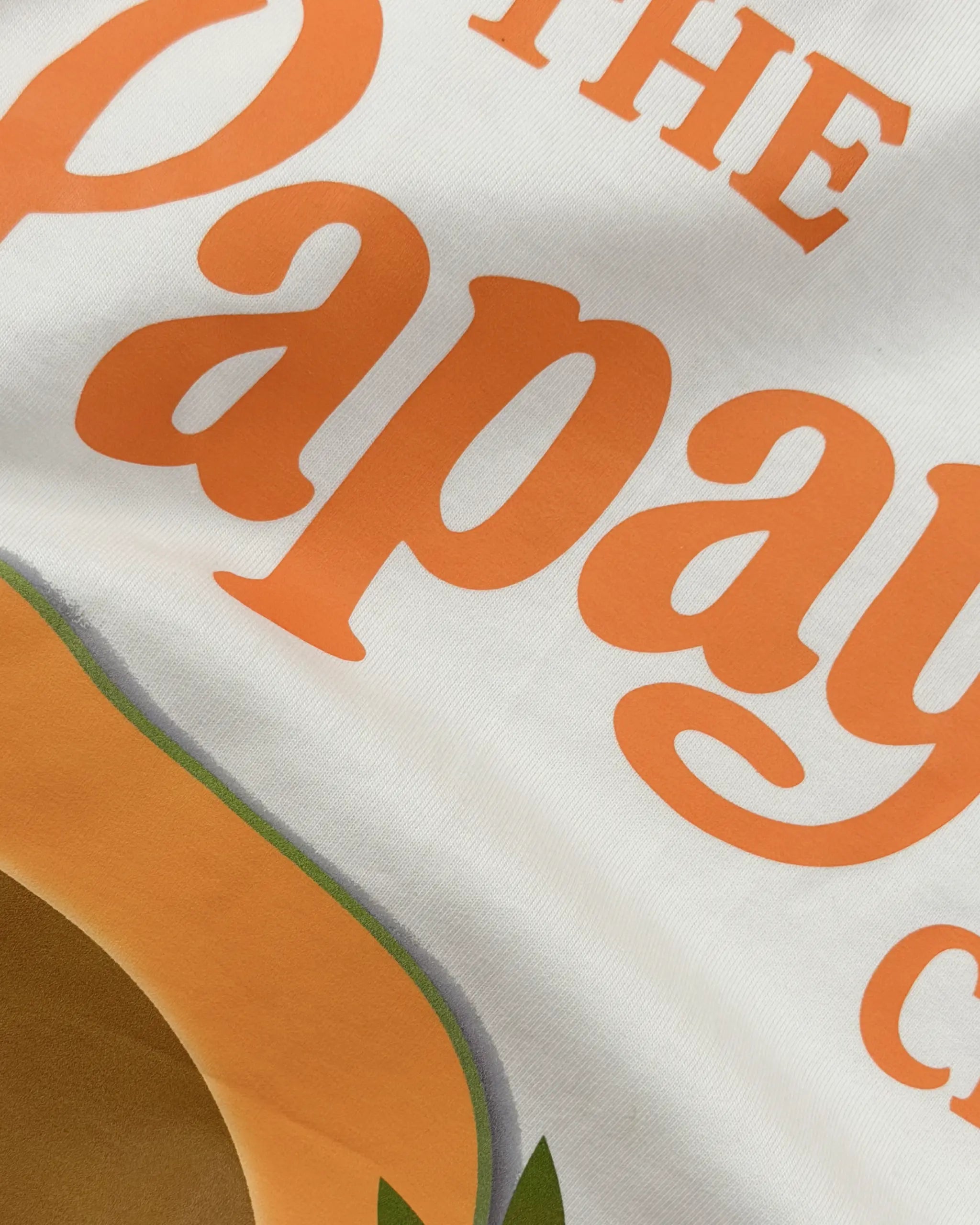 Closeup image of fabric and print Papaya Club McLaren F1 Unisex Oversized T-shirt Off-White Front View | Turn1 India