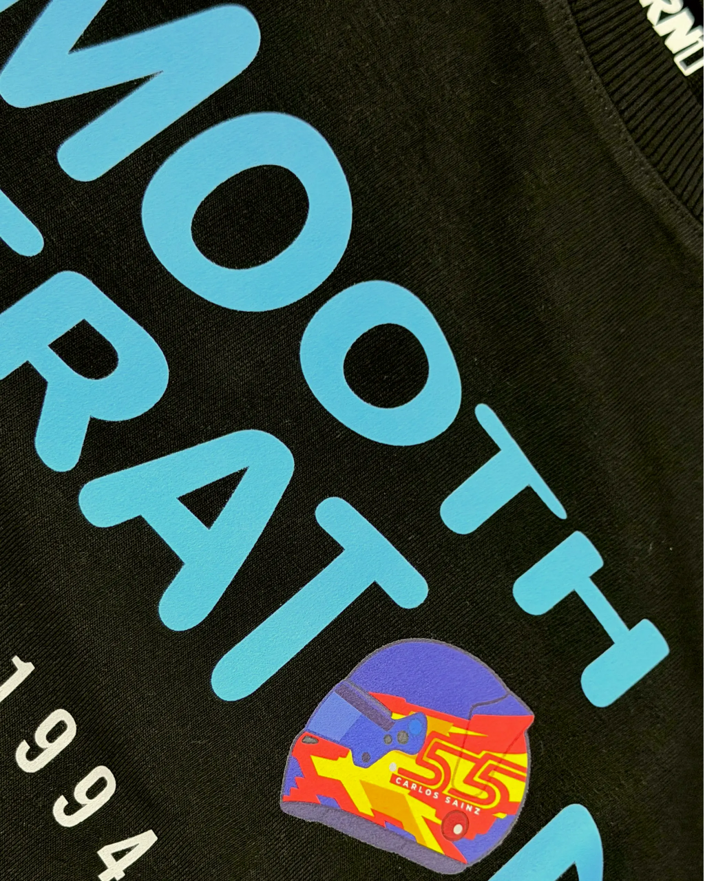 Closeup of Fabric and Print - Carlos Sainz Smooth Operator F1 Unisex Oversized T-shirt Black | Turn1 India