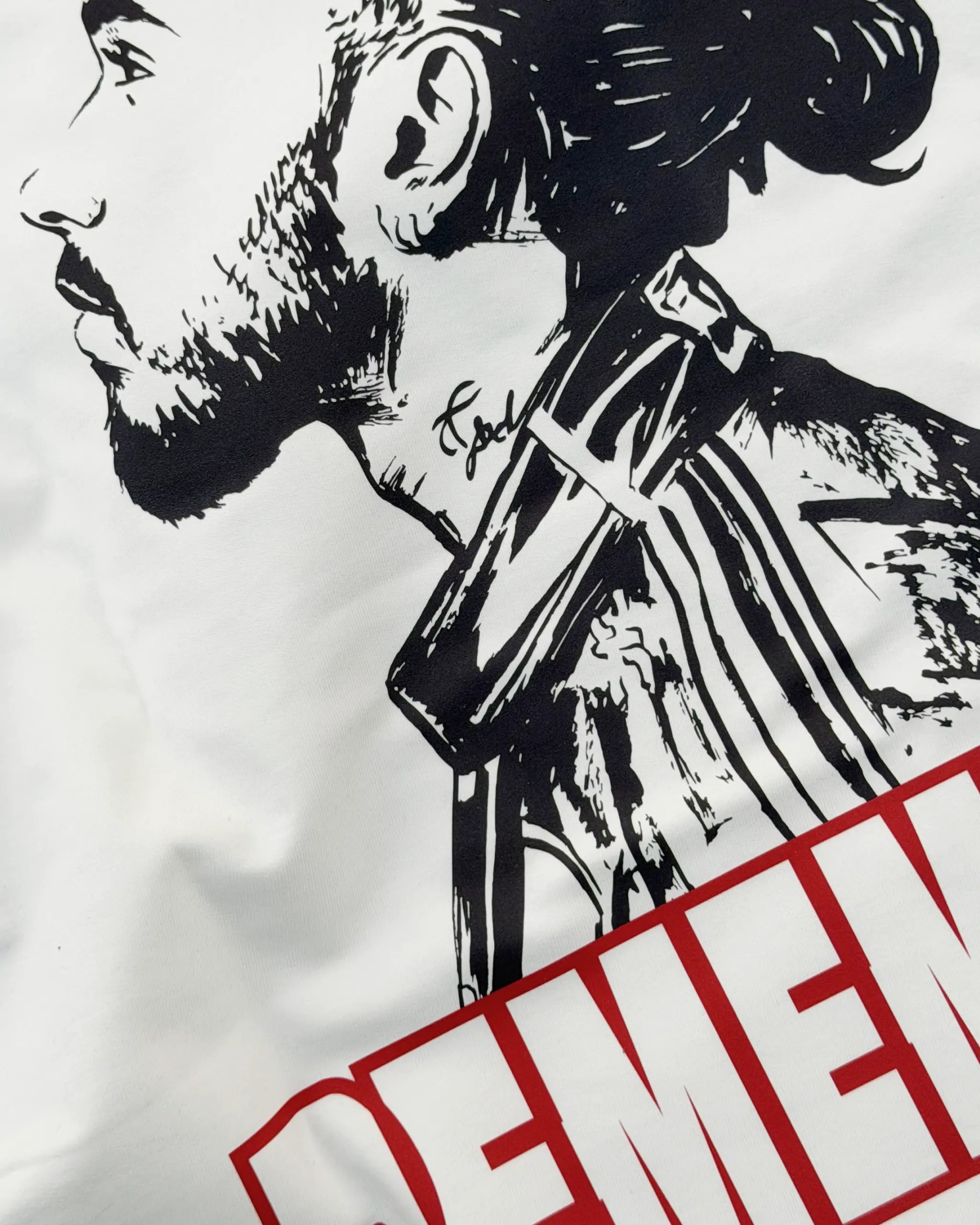 Closeup view of Lewis Hamilton Remember Who You Are Quote F1 Unisex Oversized T-shirt Off-White | Turn1 India