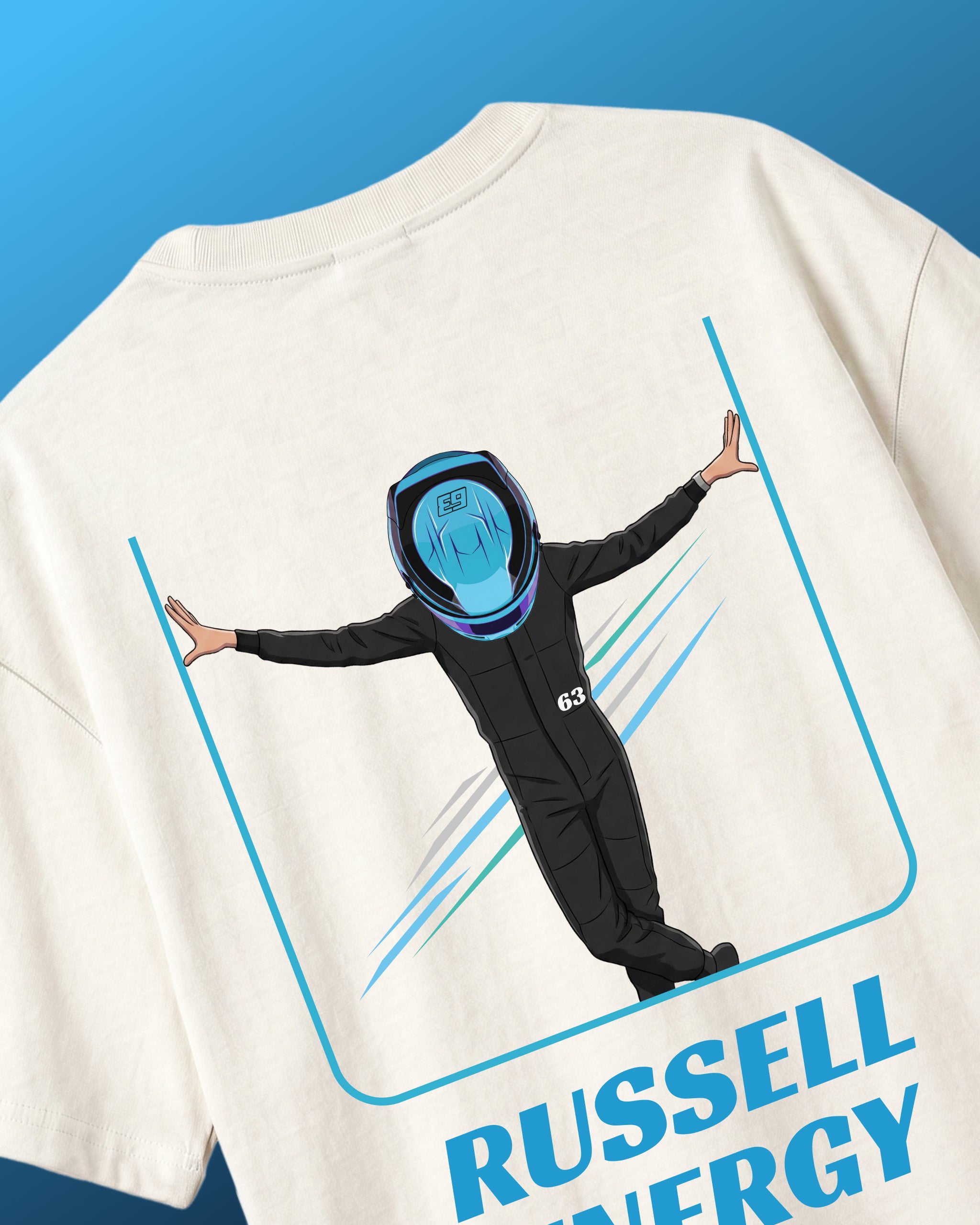 Turn1 India F1 Tshirt Off-White T-shirt: George Russell Energy front graphic with blue helmet and raised arms. Fan graphic of George Russell, driver of Mercedes AMG Petronas F1 Racing team.