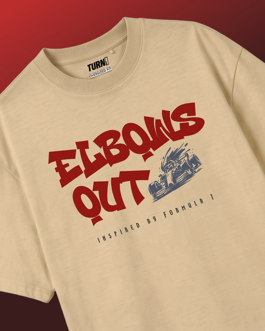 Elbows Out Formula 1 Racing Graphic F1 T-shirt Beige Front View | Turn1 India