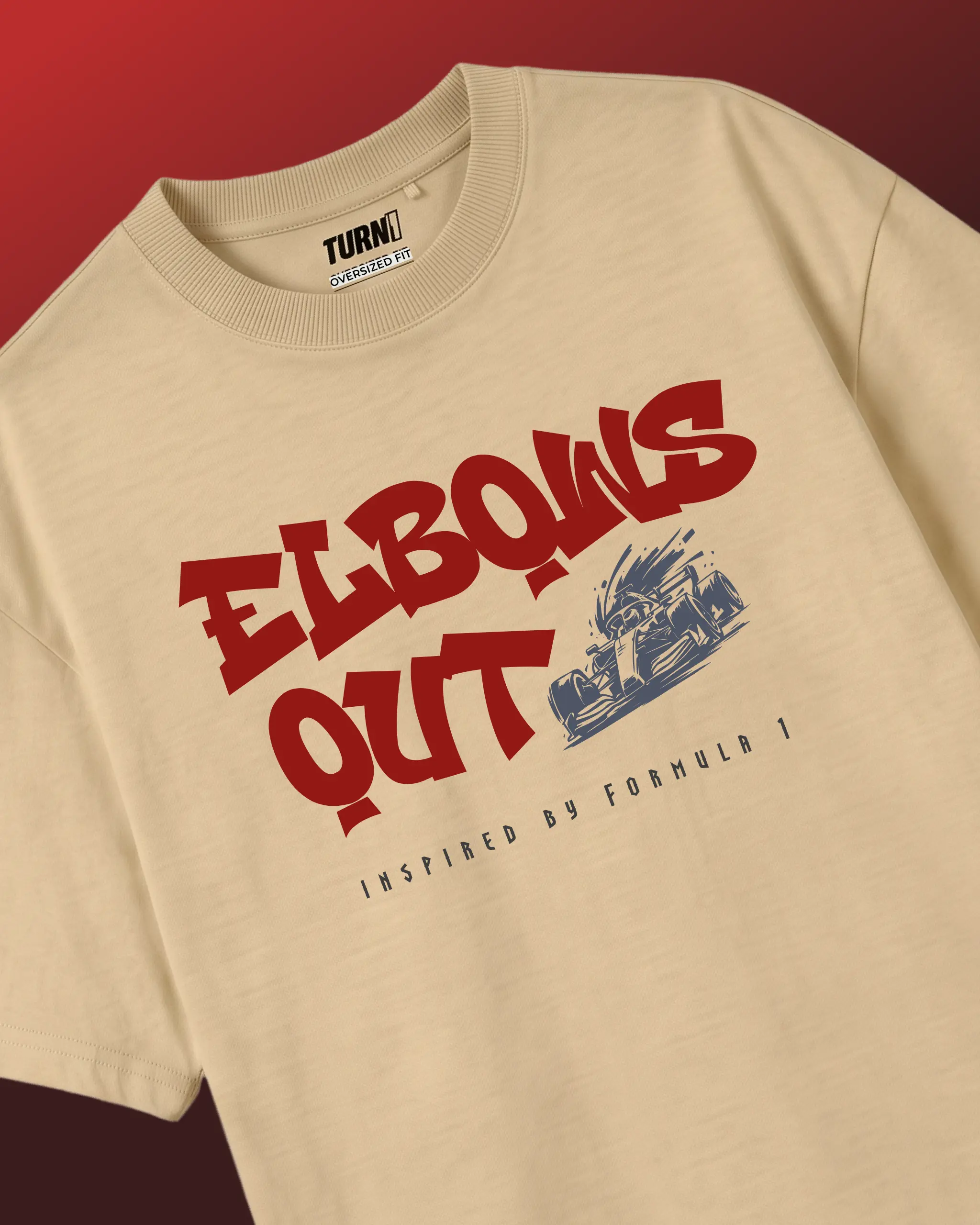 Elbows Out Formula 1 Racing Graphic F1 T-shirt Beige Front View | Turn1 India