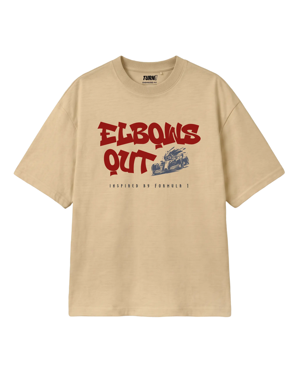 Elbows Out Formula 1 Racing Graphic F1 T-shirt Beige Front View | Turn1 India