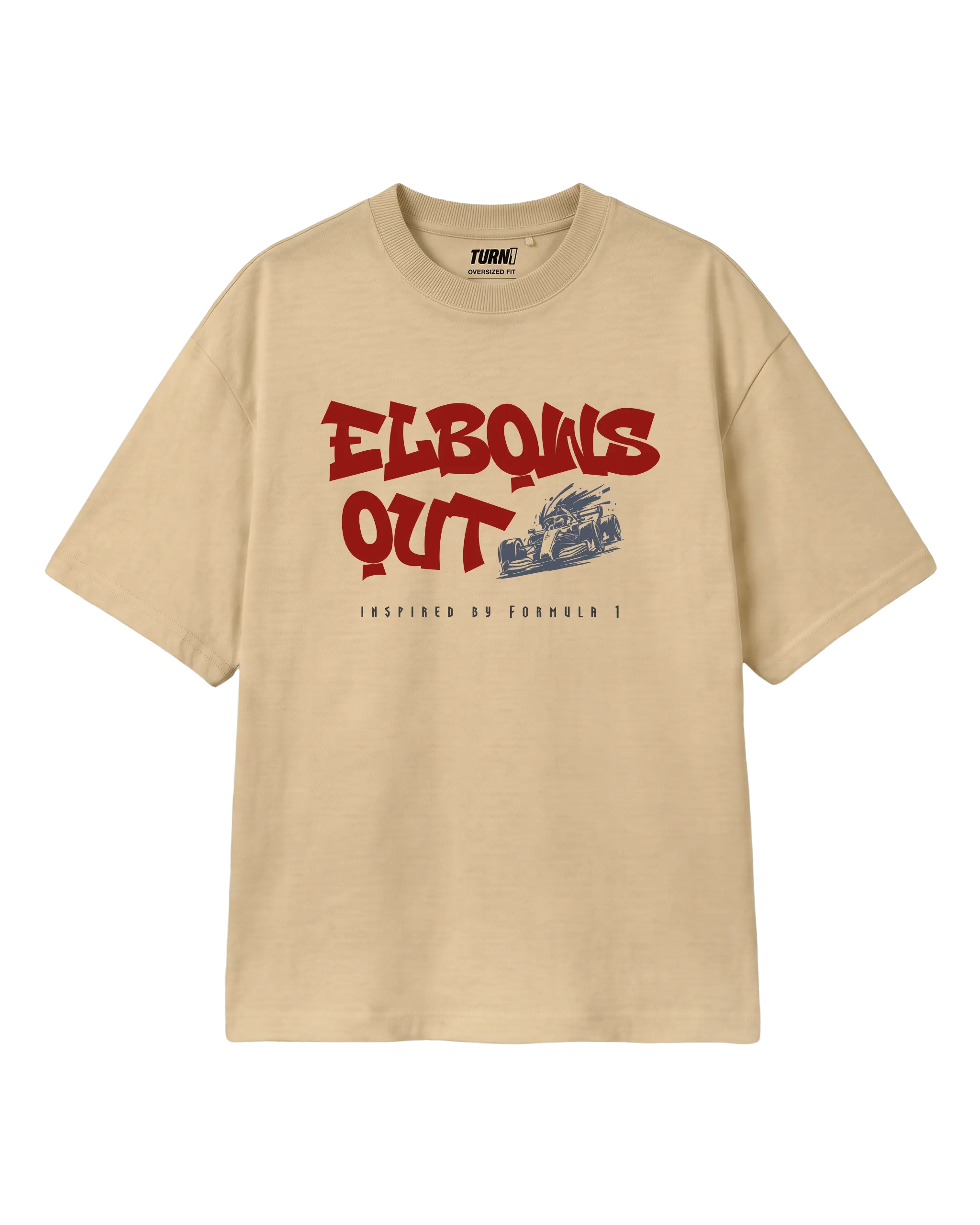 Elbows Out Formula 1 Racing Graphic F1 T-shirt Beige Front View | Turn1 India