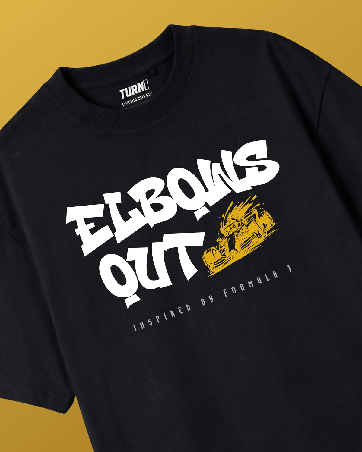 Elbows Out Formula 1 Racing Graphic F1 T-shirt Black Front View | Turn1 India