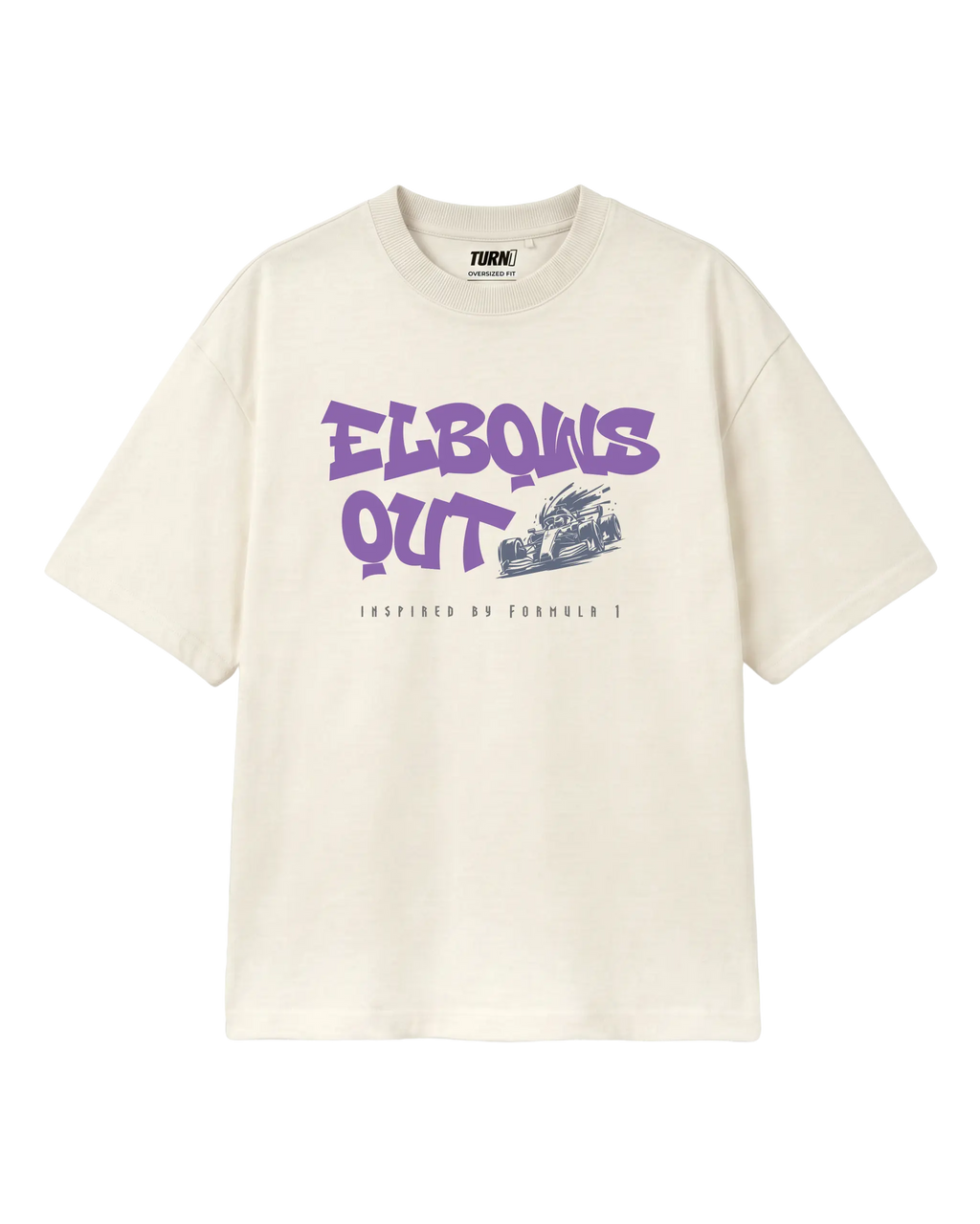 Elbows Out Formula 1 Racing Graphic F1 T-shirt Off-White Front View | Turn1 India