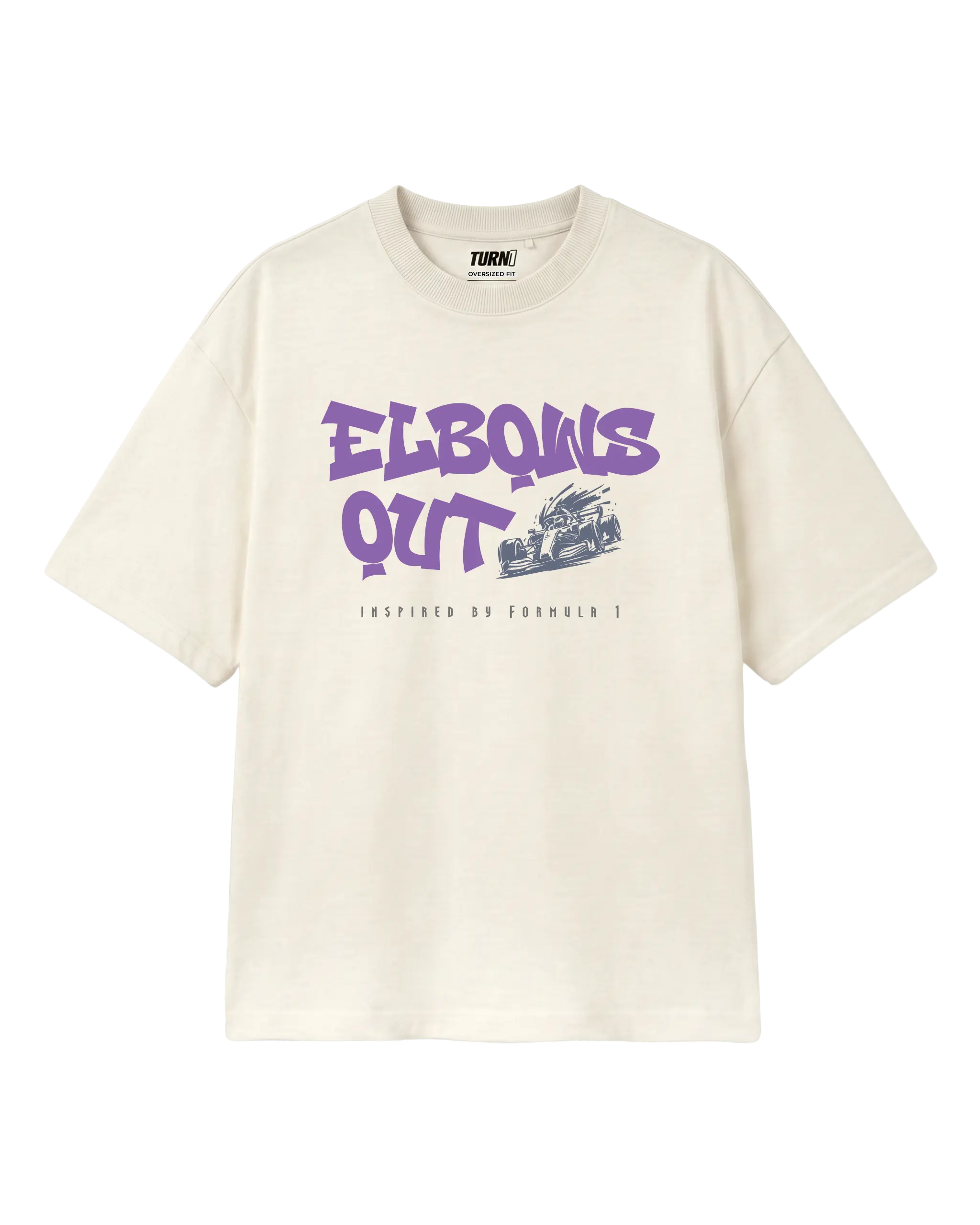Elbows Out Formula 1 Racing Graphic F1 T-shirt Off-White Front View | Turn1 India