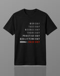 Unisex black T-shirt with race-weekday text graphic, red “RACE DAY”