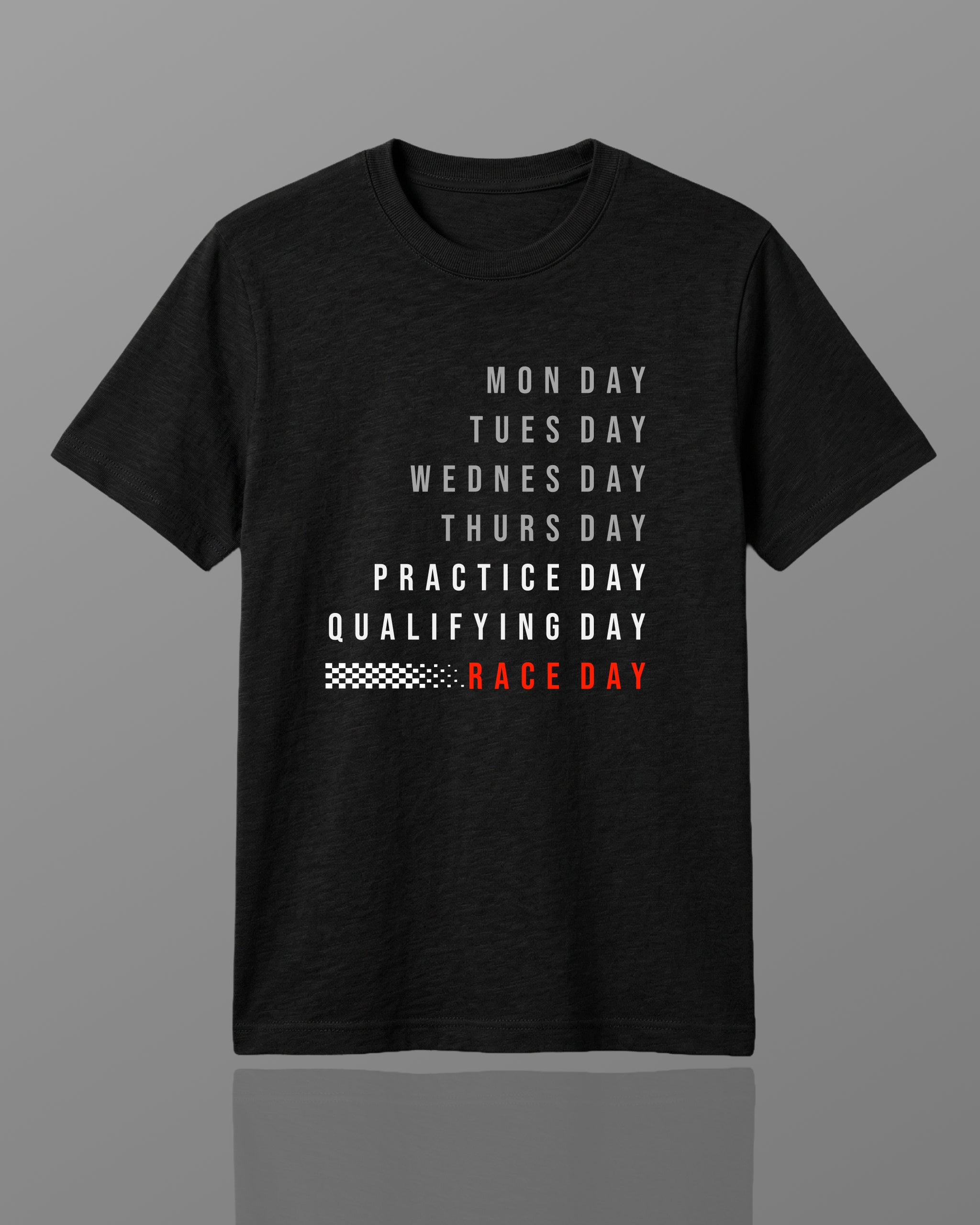 Unisex black T-shirt with race-weekday text graphic, red “RACE DAY”