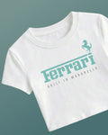 F1 Ferrari white crop top for women by Turn 1 Brand, an F1 Apparel brand of India. 