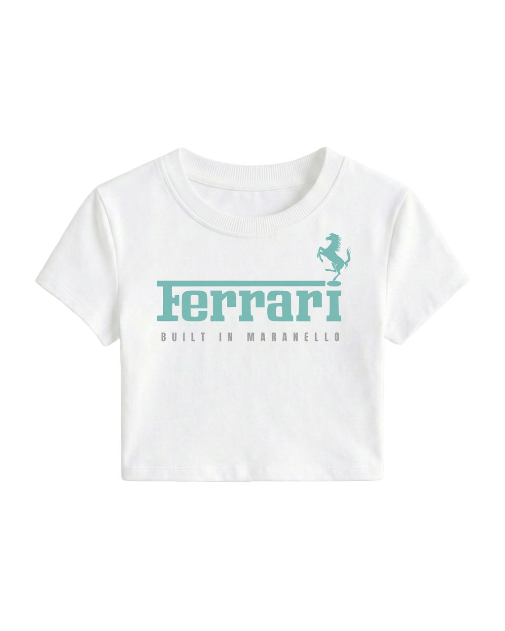 F1 Ferrari white crop top for women by Turn 1 Brand, an F1 Apparel brand of India. 