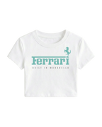 F1 Ferrari white crop top for women by Turn 1 Brand, an F1 Apparel brand of India. 