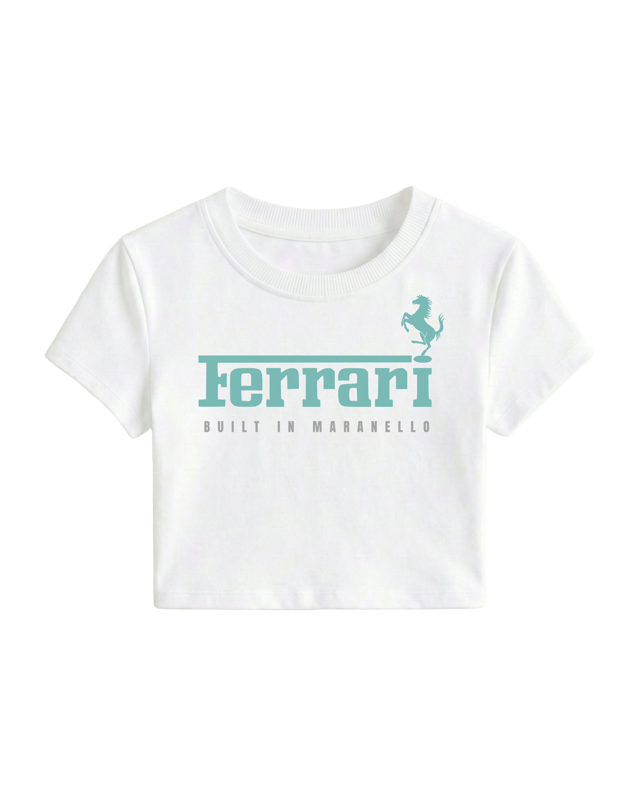 F1 Ferrari white crop top for women by Turn 1 Brand, an F1 Apparel brand of India. 