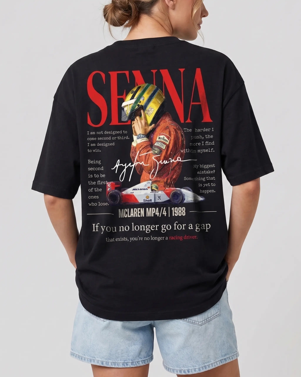 Female Model Wearing Ayrton Senna McLaren Legacy F1 Unisex Oversized T-shirt Black Back View | Turn1 India