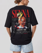 Female Model Wearing Ayrton Senna McLaren Legacy F1 Unisex Oversized T-shirt Black Back View | Turn1 India